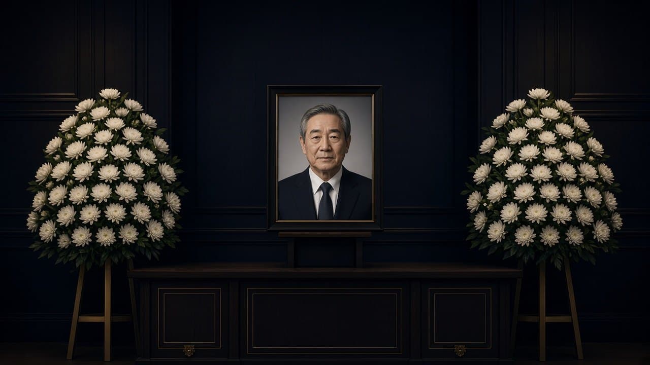 영정 액자와 화환이 있는 빈소